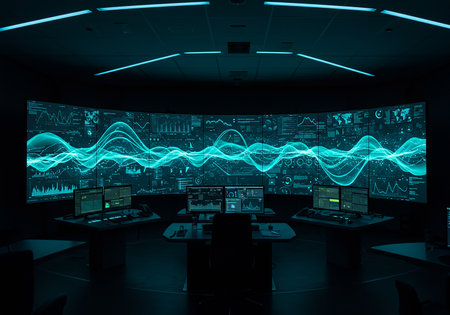 3D rendering of a stock exchange trading room with financial charts and graphsの素材