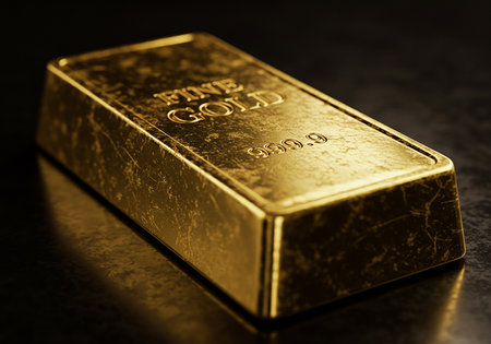 Gold bar on dark background close-up. 3D rendering.の素材