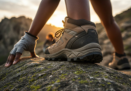 Close up of female hiker legs in hiking boots standing on rock during sunsetの素材