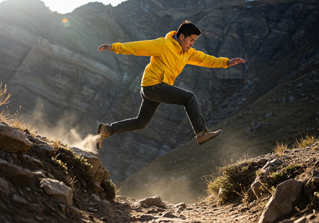 Young man jumping in the air on a mountain trail in the mountainsの素材