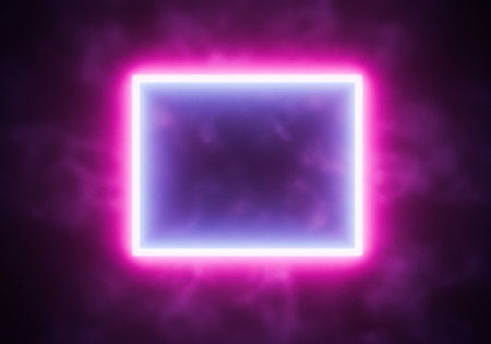 Neon square frame in purple smoke. Abstract background. 3D renderingの素材
