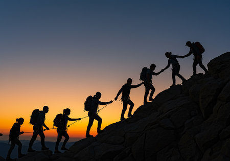 Silhouette of a group of people climbing on a mountain peakの素材