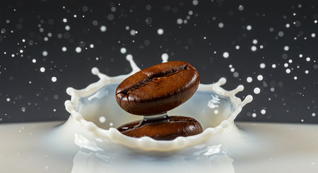 A captivating image showcasing coffee beans suspended mid-air, creating a dynamic splash in creamy milk, blending aroma and visual delight.の素材