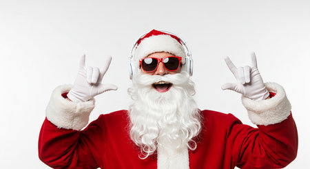 Santa Claus wearing sunglasses and headphones making a rock and roll hand gesture, isolated on a white background. Festive and fun holiday image.の素材