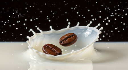 Coffee beans falling into milk splash, isolated on black backgroundの素材