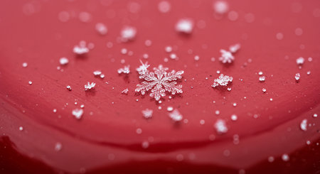 Snowflakes on a red background with water drops close-upの素材