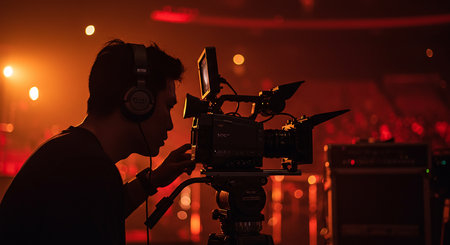 A cameraman focuses on filming a live event, with stage lighting creating a vibrant atmosphere and an audience visible in the background.の素材
