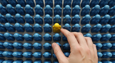 A hand reaches out to select a single yellow figure from a large group of identical blue figures, symbolizing individuality and choice.の素材