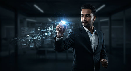 A man in a suit interacts with a futuristic technology interface, showcasing innovation and modern business solutions.の素材