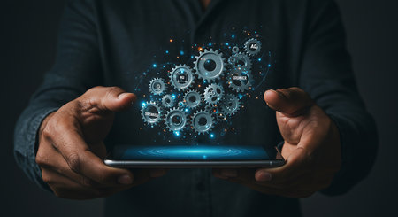 A man holds a tablet displaying a hologram of interconnected gears, symbolizing technology, innovation, and complex systems. Dark background enhances the futuristic feel.の素材