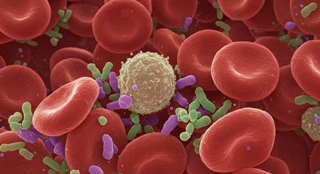 A detailed microscopic view showcasing red blood cells, a white blood cell, and various bacteria within the human bloodstream, highlighting the bodys defense mechanisms.の素材