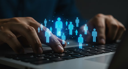 A persons hands are shown typing on a laptop keyboard with glowing blue social network icons floating above the keys.の素材