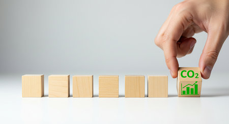 A hand places a wooden block with a CO2 symbol and upward-trending graph, symbolizing efforts to reduce carbon emissions and promote environmental sustainability.の素材