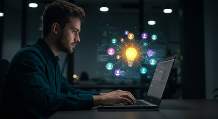 A man is working on his laptop, surrounded by digital icons, including a lightbulb representing ideas and social network symbols, in a modern office setting.の素材
