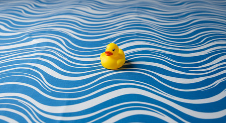 A bright yellow rubber duck sits on a surface with a blue and white wave pattern, resembling water. The duck is centered and in focus.の素材