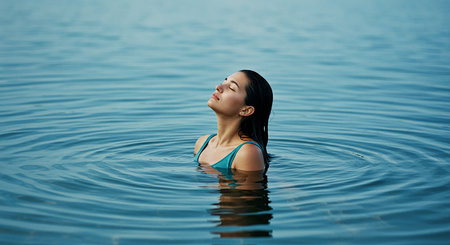 A woman stands in calm, blue water with her eyes closed, radiating serenity and peace. Ripples surround her, enhancing the tranquil atmosphere.の素材