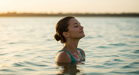A woman stands in the water at sunset, eyes closed, enjoying a peaceful moment of relaxation and tranquility in nature.の素材