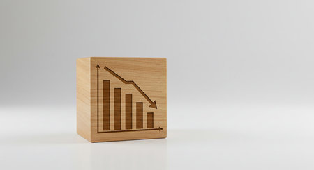 A wooden block with an engraved bar graph showing a downward trend, symbolizing financial loss or decline.の素材