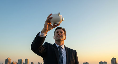 A businessman in a suit shakes a piggy bank over a cityscape at sunset, symbolizing financial decisions and potential savings.の素材