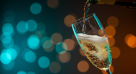 A glass of champagne being poured, creating bubbles and foam, set against a backdrop of blurred bokeh lights in blue, orange, and gold hues.の素材