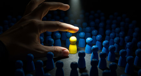 A hand reaches down to select a yellow figure from a crowd of blue figures, symbolizing choice, individuality, and standing out from the crowd.の素材