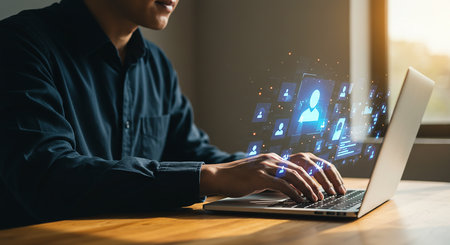 A person is using a laptop with social network icons overlay, representing online connections and digital communication in a modern setting.の素材