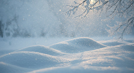 A tranquil winter scene featuring snow-covered hills, delicate frosty branches, and soft, diffused light creating a peaceful and serene atmosphere.の素材