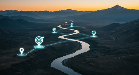 A winding river path leads through mountains at sunset, marked with glowing destination icons, symbolizing a journey towards a goal.の素材