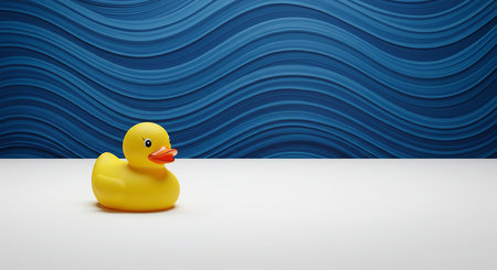 A vibrant yellow rubber duck sits on a clean white surface, set against a backdrop of stylized blue waves, creating a playful and eye-catching composition.の素材