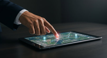 A man in a suit interacts with a digital tablet displaying a futuristic interface, highlighting technology and innovation.の素材