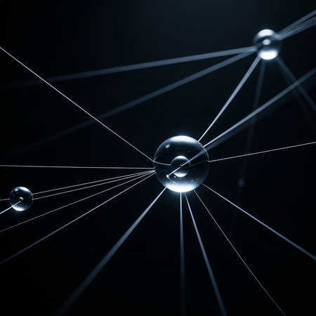 A mesmerizing abstract image showcasing a complex network of transparent glass spheres, each acting as a node from which multiple glowing lines radiate outwards, connecting to other spheres. The dark background enhances the luminous quality of the lines and spheres, creating a sense of depth and intricate connectivity. This visual metaphor represents concepts like communication, data flow, global networks, and scientific principles.の素材