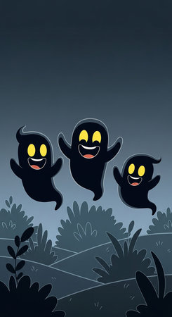 A playful cartoon illustration featuring three cheerful ghosts floating above stylized foliage against a dark blue background, perfect for Halloween or childrens themes.の素材
