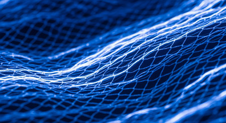 A close-up of a blue fishing net creates an abstract pattern with a shallow depth of field, emphasizing texture and form.の素材