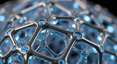 A close-up of an abstract molecular structure featuring blue and silver geometric shapes, creating a visually intriguing and modern design.の素材