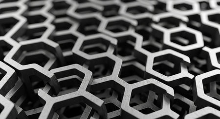 A close-up, high-angle shot of an abstract metallic background featuring a repeating pattern of interconnected hexagons, creating a modern and futuristic geometric design.の素材