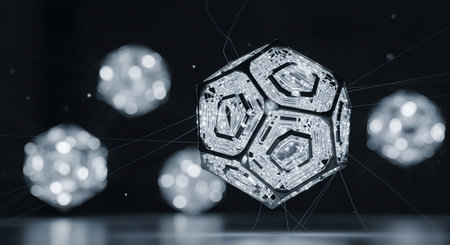A striking image featuring a central, intricately designed icosahedron, glowing with internal light, surrounded by several blurred, luminous orbs, all set against a dark, abstract background. The scene evokes themes of technology, science, and the future.の素材