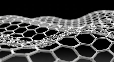 A detailed macro shot of a graphene sheet, showcasing its unique hexagonal atomic arrangement and wavy surface.の素材