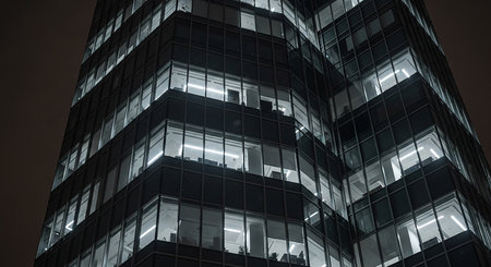 A low-angle view of a contemporary office building at night, showcasing numerous windows brightly lit from within, creating a striking contrast against the dark sky. The architectural design features multiple floors and a sleek, modern aesthetic.の素材