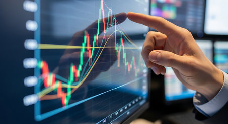 A persons hand pointing at a computer screen displaying stock market data, indicating analysis and investment.の素材