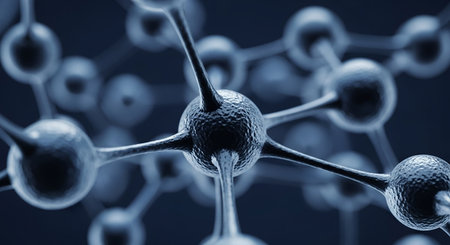 A detailed 3D illustration of a molecular structure with interconnected atoms and bonds. This abstract scientific background represents concepts in chemistry, physics, and nanotechnology.の素材