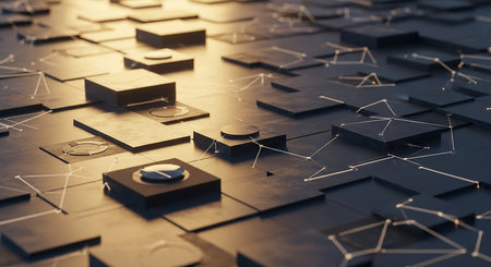 A close-up view of a futuristic digital network grid with interconnected nodes and geometric shapes, illuminated by a soft glow.の素材