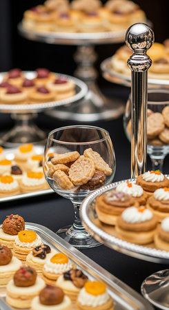 A close up view of a beautifully arranged dessert table featuring a variety of bite sized pastries, tarts, and cookies served on elegant silver tiered stands.の素材