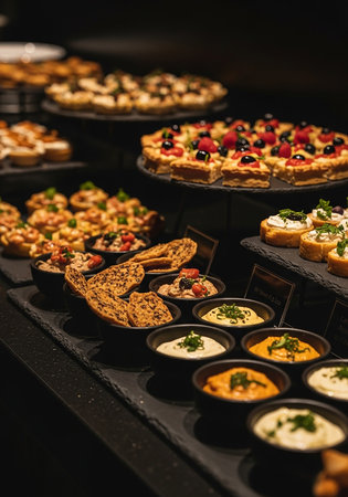 A close-up view of a diverse buffet table laden with various appetizers, dips, and small bites, perfect for catering or events.の素材