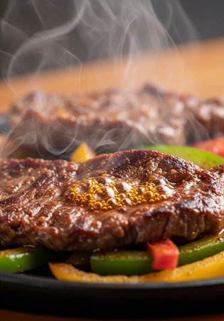 Close-up of steak fajitas with colorful peppers and onions, served on a sizzling hot plate, creating steam and a delicious aroma.の素材