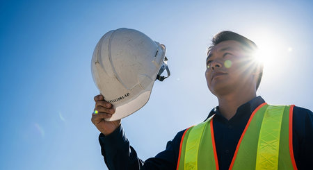 A construction worker in a safety vest holds a hard hat against a bright blue sky with the sun shining behind him.の素材