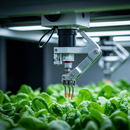 A close-up shot of an advanced robotic arm meticulously tending to rows of vibrant green leafy vegetables in a high-tech indoor vertical farming facility, showcasing precision agriculture and sustainable food production.の素材