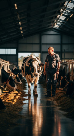 A low angle view of a Holstein cow walking down a wet aisle in a dairy barn. A farmer watches from the background as golden sunlight streams in, creating reflections.の素材