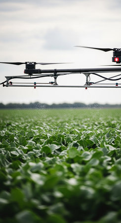 A modern agricultural drone with spray bars hovers above a vibrant field of green crops under an overcast sky, showcasing precision farming technology.の素材