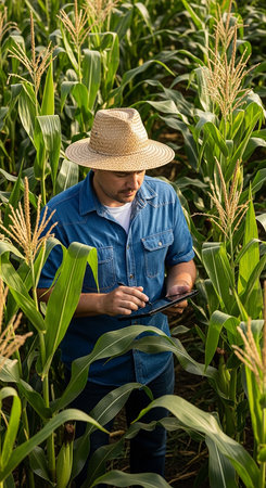 A dedicated farmer wearing a straw hat and denim shirt meticulously inspects the lush green corn stalks in his field under the bright sun, ensuring the health and growth of his crop.の素材