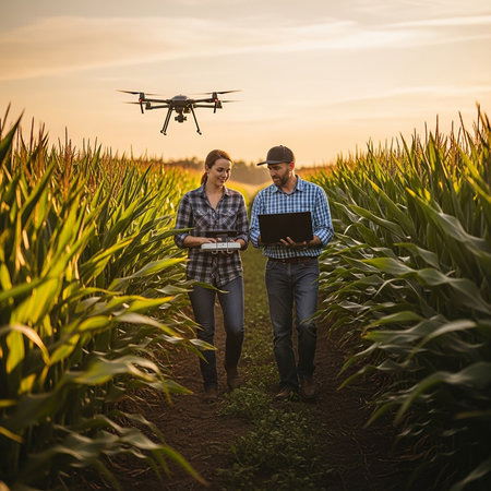 Two farmers walk through a cornfield at sunset, using a drone and laptops to monitor crops, showcasing modern agricultural technology.の素材